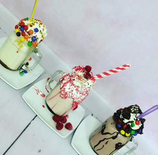 A selection of the cake shakes available at a café near Lyons Holiday Parks
